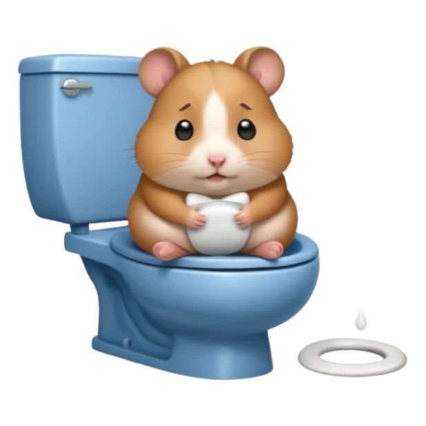 Cute chubby cartoon-style hamster sitting on toilet pooping looking as if he had an accident sticker