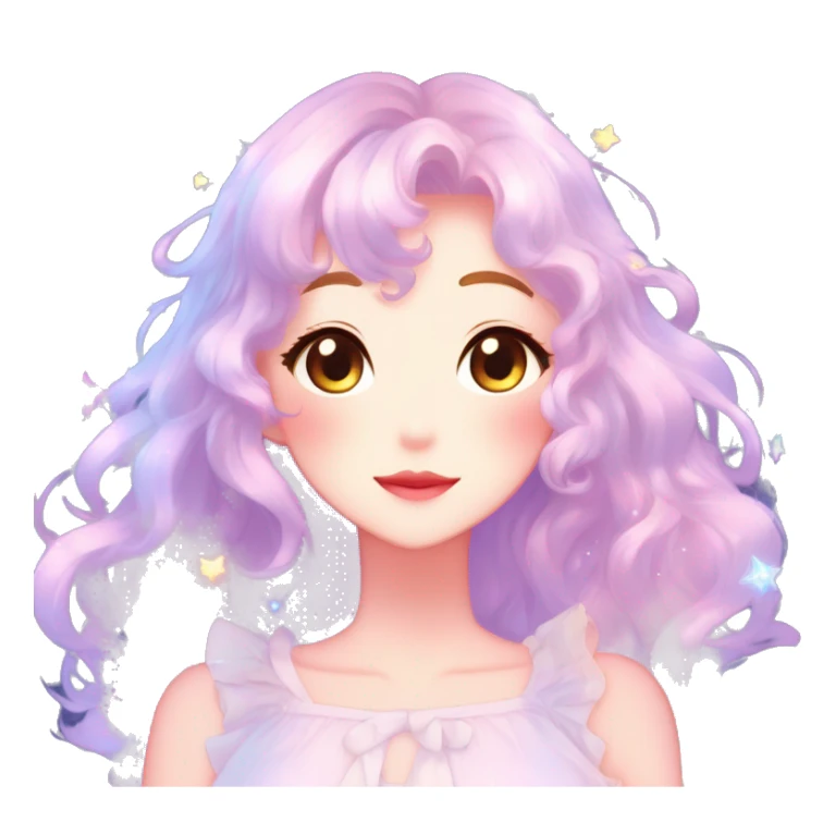 Gorgeous anime style lady blushing face dreamy idol model colorful shiny stars galaxy kawaii pastelcore cottagecore pearly petite simplistic aesthetic trending style sticker