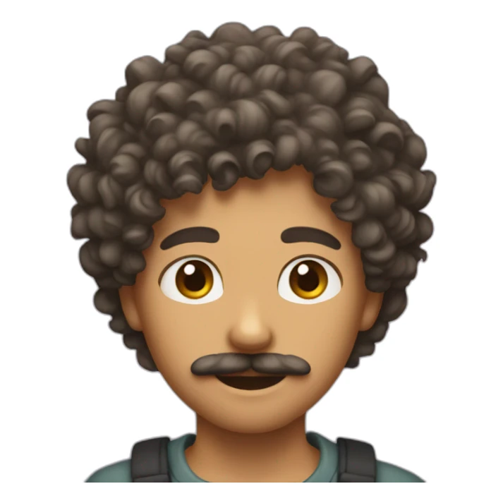 A boy with curly hair and a moustach sticker