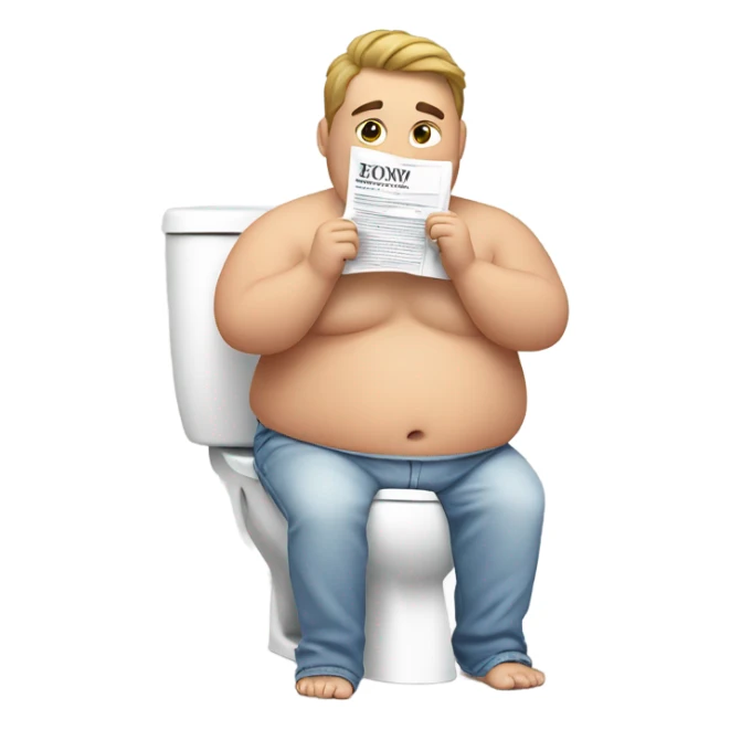 fat guy sitting on toilet reading newspaper no shirt front view sticker