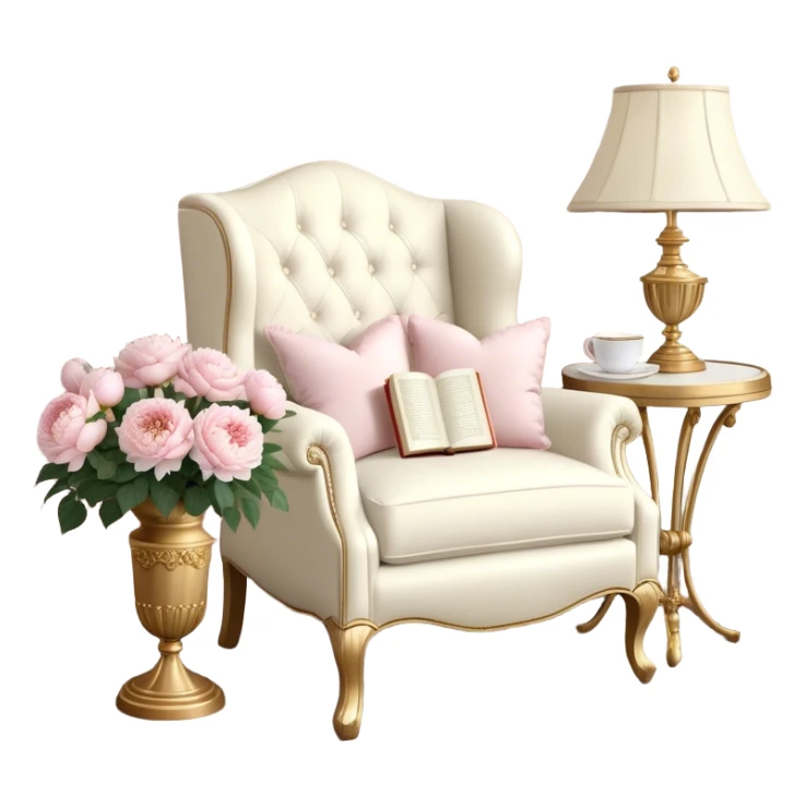 A cozy vintage-inspired reading nook, with an overstuffed ivory armchair, a golden reading lamp, and a bouquet of soft pink roses, white peonies, and dahlias resting on a small lace-covered side table, as a pearl butterfly gently rests on the open book.
 sticker