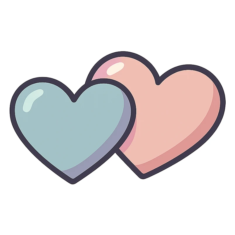 two small hearts side by side, icon-color-outlined style, detailed shadows and highlights, thin clean contours, soft rounded shapes, pastel palette #98B5BC, #B5B3C1, #C9A3C9, #E4C0CA, #F7DCD1, #F7C0AA, modern Japanese pop art and sticker aesthetic, soft lighting, transparent background sticker