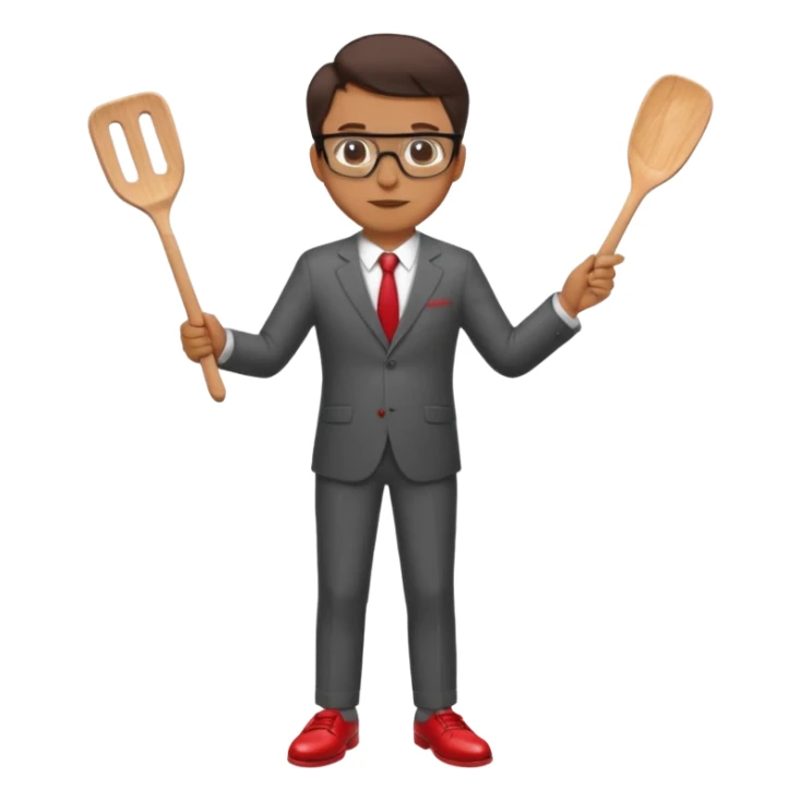 man with glasses wearing a suit and red shoes holding a spatula sticker