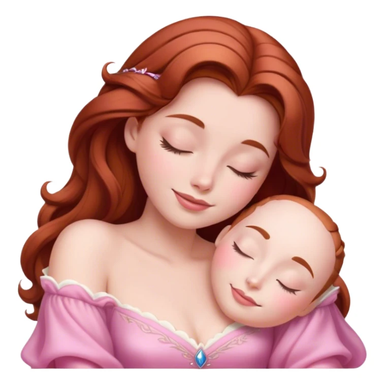 Cinematic Radiant Sleeping Beauty Portrait Emoji, rendered in a realistic, vector style with clean proportions. Show Aurora with a gentle smile, porcelain skin, and beautifully styled auburn hair, wearing her classic pink gown. The image glows with a soft, inviting radiance and high shine, accentuated by a soft glowing outline that enhances her graceful charm. sticker