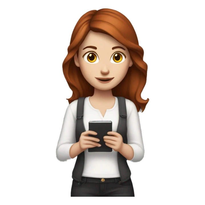 White girl with medium auburn hair holding an e-reader sticker