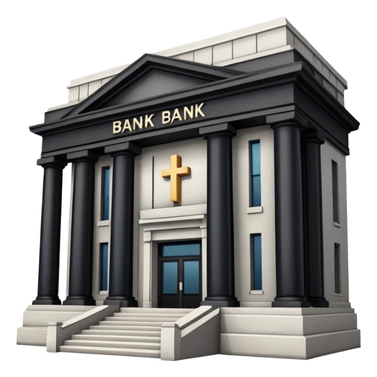 bank building with a cross over it, canceled bank sticker