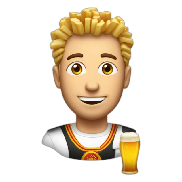 belgian man with fries and a beer sticker