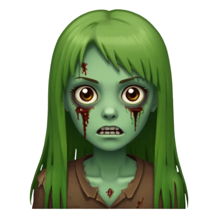 Zumbi feminino, de pele verde, cabelo marrom, longo, liso e castanho com franja reta sticker