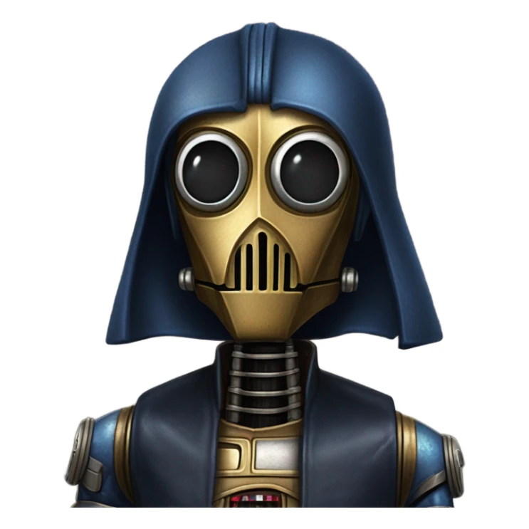 well-equipped jedi first order human-sized darkblue-pearl C3po as a friendly bounty hunter droid wearing a leather attire old west duster coat holding light saber ready to fight but relaxed. antiqued sticker