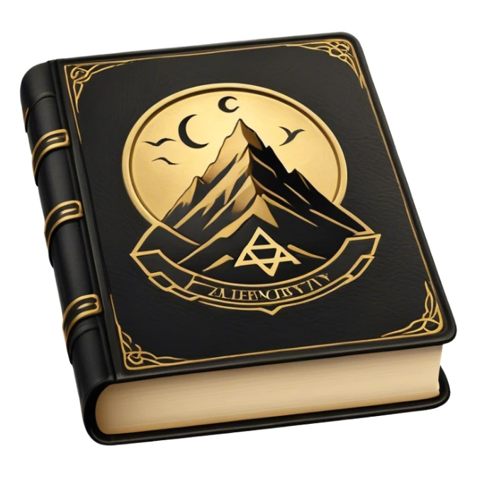 A black and gold book with an aged leather texture, embossed with an alchemical symbol, a compass, or a forging hammer, exuding wisdom, mastery, and the relentless pursuit of greatness. - book on mastery ... silhouette of a mountain  sticker
