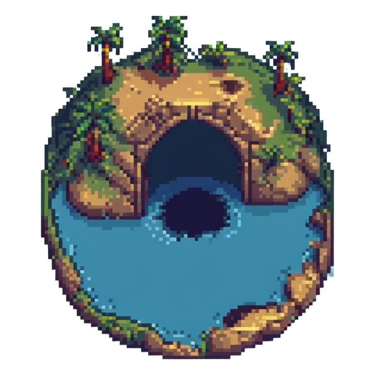 Make the island longer, then add a large hole or arch through it, keeping the pixel art style. sticker