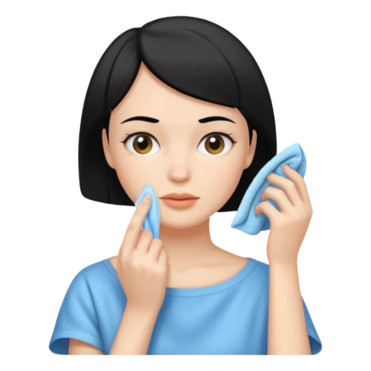 a white woman who has black short hair cleaning her face sticker