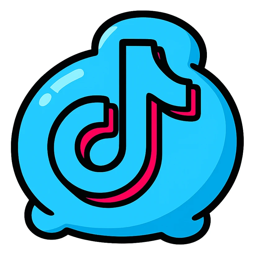 chubby blue TikTok icon, thick black contours, strong shadows, shiny highlights, plump outlined dimensional style, no background, only symbol sticker