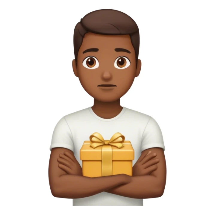 A person with arms crossed and looking away, refusing to accept a present sticker