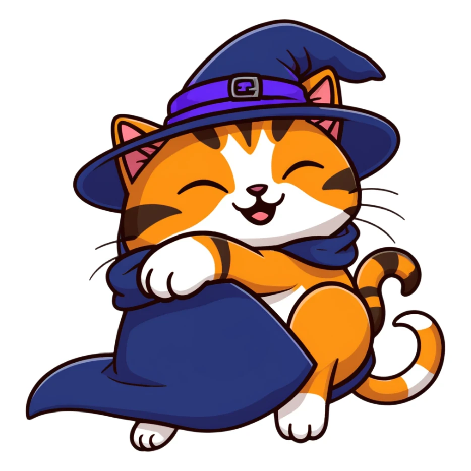 full body ginger tabby cat flopped over on her side wearing an indigo witch hat sticker