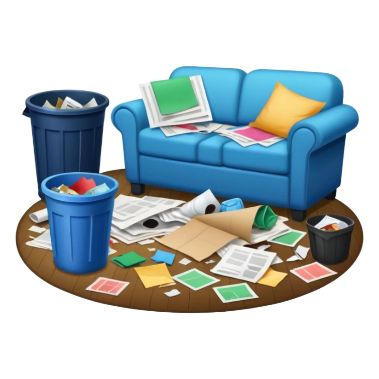 dirty living room with papers and trash

 sticker