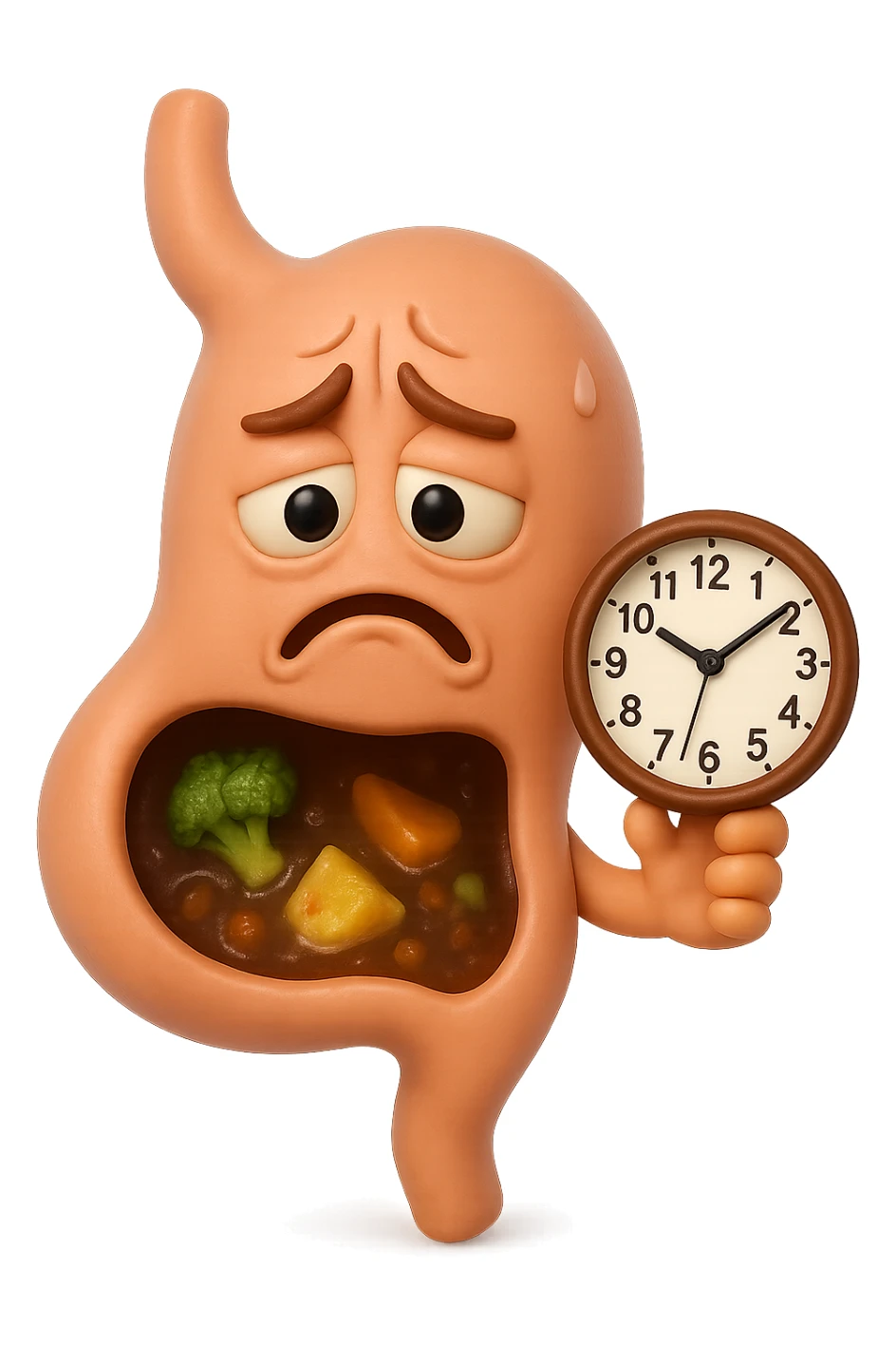 EMOJI STILE IPHONE 3D DI UNo stomaco umano con espressione dolornate, ha del cibo visibile dentro che non sta digerendo. in mano tiene un orologio da muro, iperrealistico 4k sticker