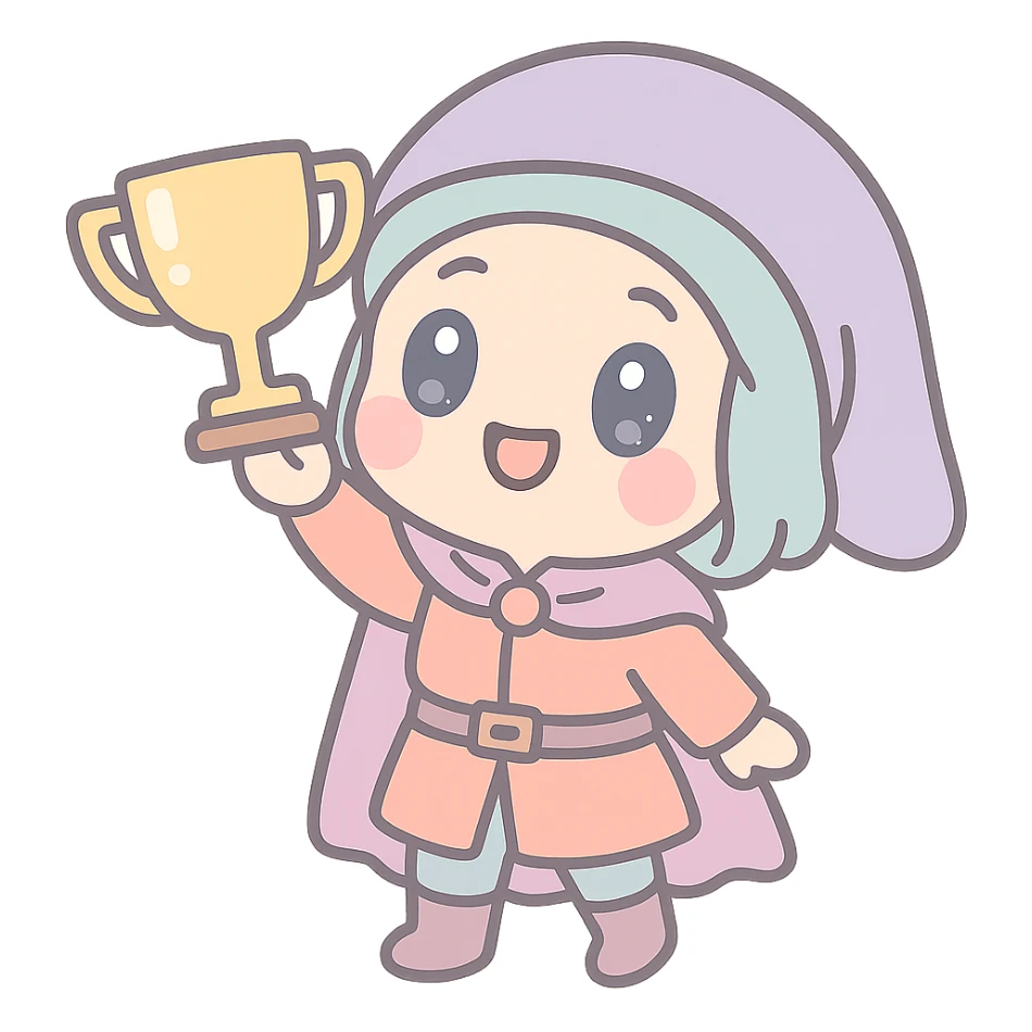 chibi medieval pilgrim holding up a trophy, kawaii style, adorable, soft colors sticker