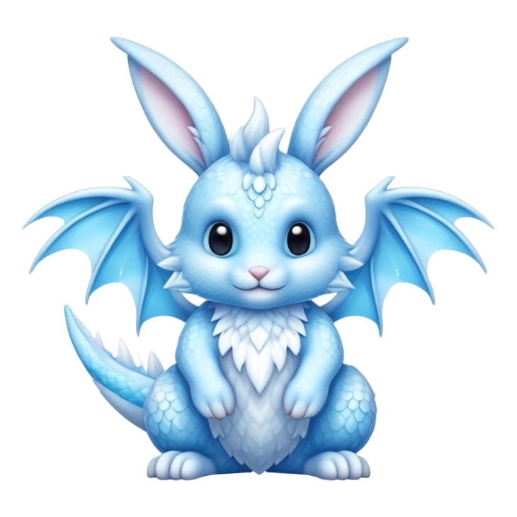 A cute bunny-dragon hybrid creature with ice crystals, rabbit ears, dragon wings and tail made of ice sticker