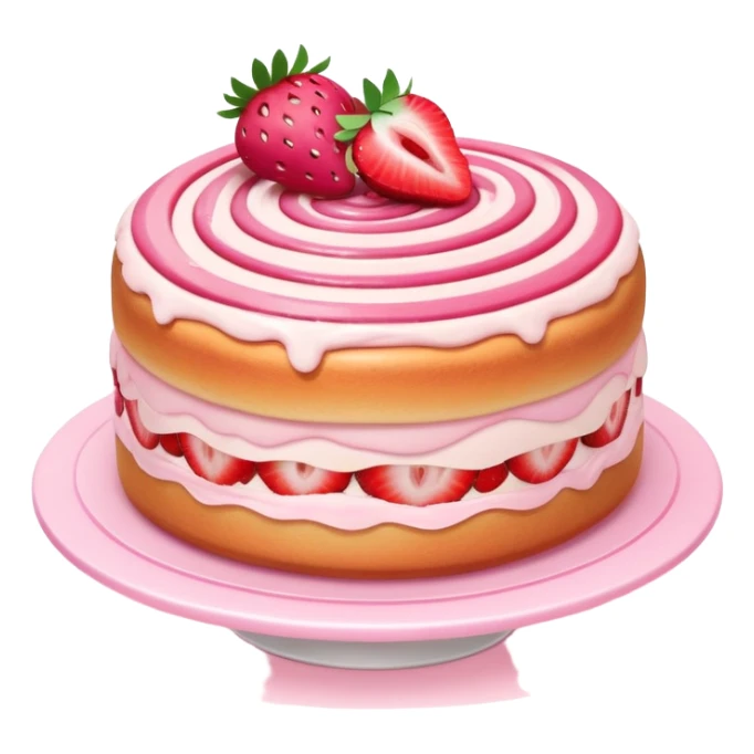 A fluffy strawberry cream roll cake with pink swirl and sliced strawberries on top, soft lighting, kawaii dessert style sticker