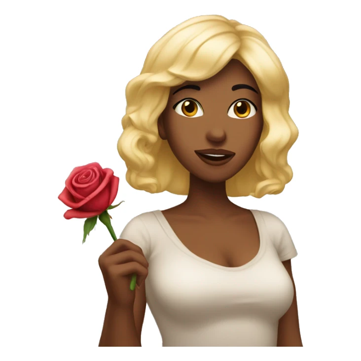 A blond women named rose, with dark hair bangs and making a kissy face, while holding a rose in her hand sticker