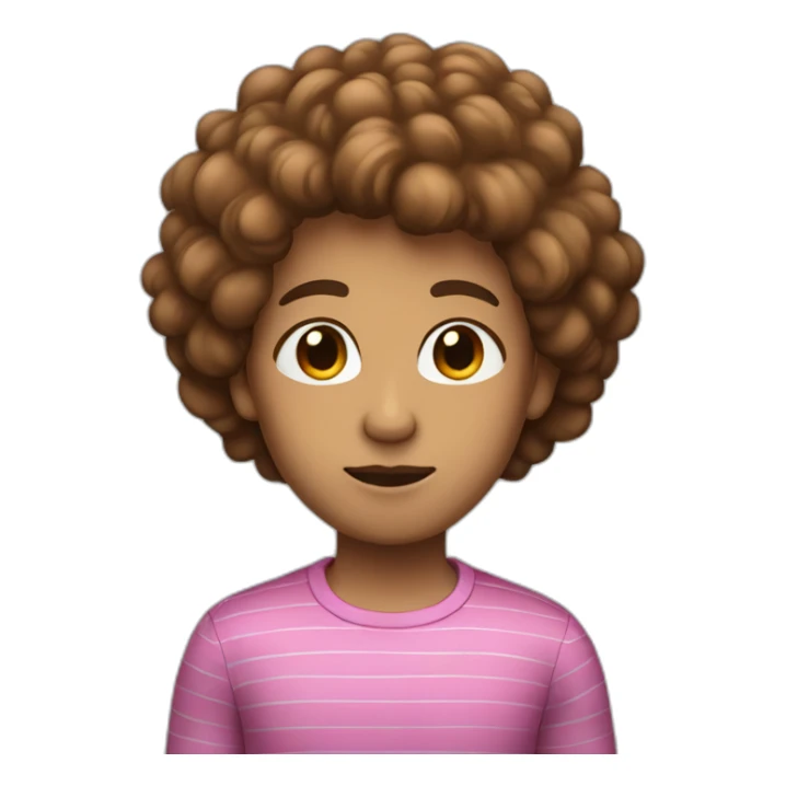 a human with brownpuffy  hair, a blue shirt with two pink stripes on it black pants and eyes-closed and mouth straight sticker