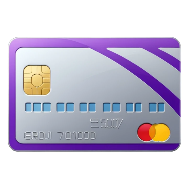 Shiny silver credit card with a purple stripe sticker
