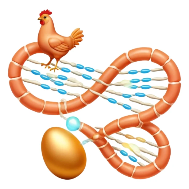 Golden egg, bright salmon, chicken, and tofu floating around a glowing DNA strand. Golden muscle fibers extend from the foods, showing how complete proteins build and repair the body. The entire scene has a magical glow representing essential amino acids. sticker