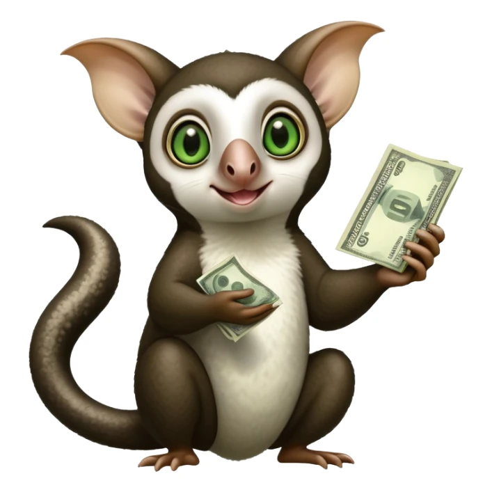 Black and white Flying lemur with big ears pointing up and green eyes named momo with money sticker