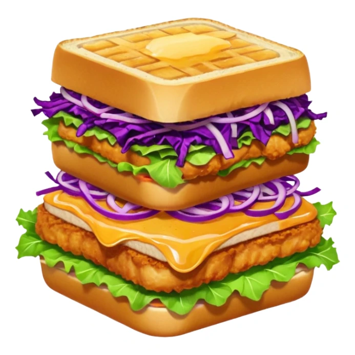 Burning hot, spicy,  stacked chicken sandwich — two thick golden toast slices, a crispy breaded chicken fillet, green lettuce, and purple cabbage slaw, with glossy dark sauce dripping down the sides. sticker