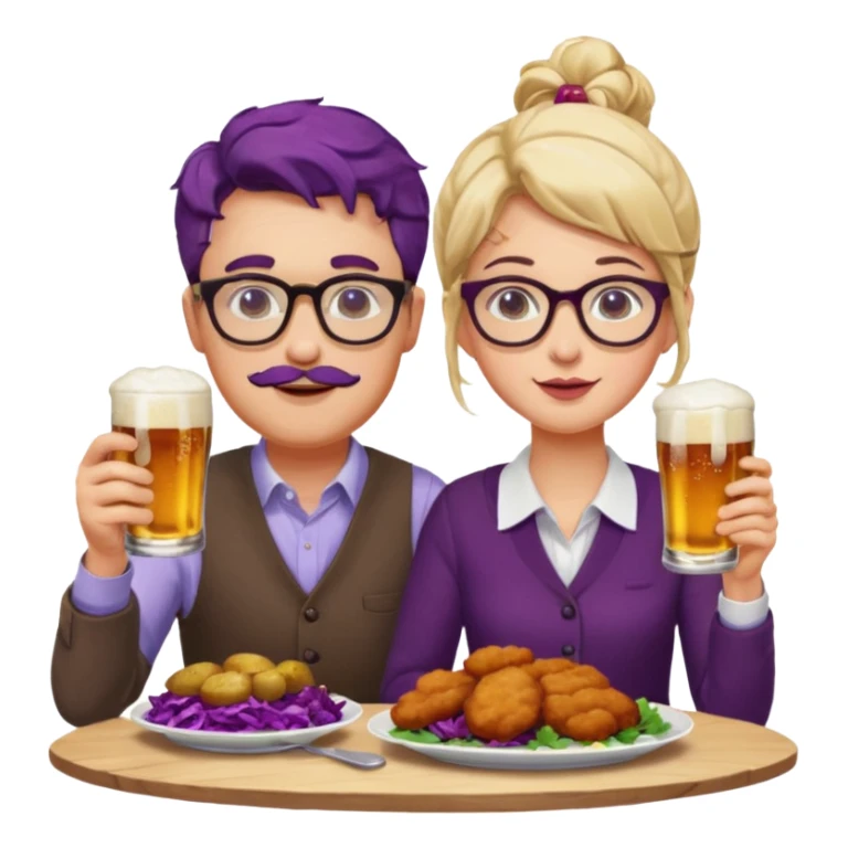 German man with glasses and woman with glasses eating schnitzel, red cabbage, potatoes, and drinking a beer sticker