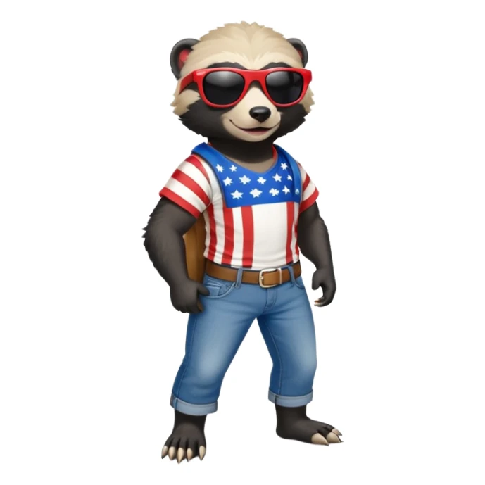 friendly anthropomorphised honey badger in jeans and a t-shirt, wearing sunglasses, dressed for USA Independence Day with red, white, and blue clothing sticker
