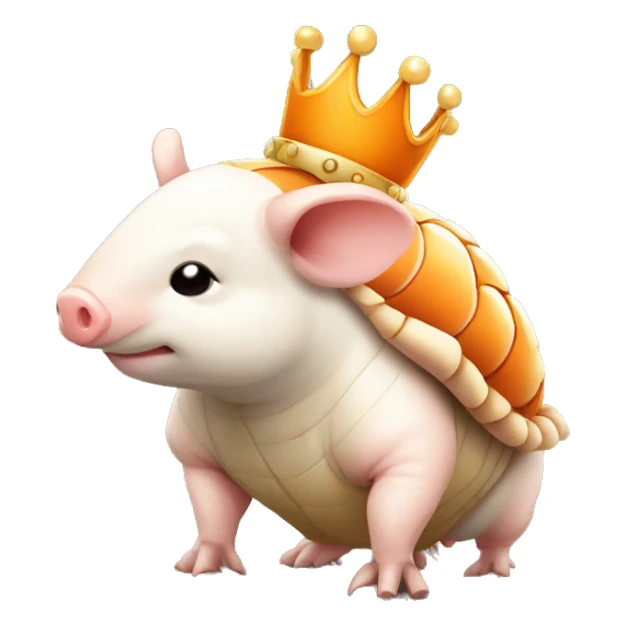 Orange and white piebald chubby round armadillo pig panda centipede armadillo wearing a crown sticker
