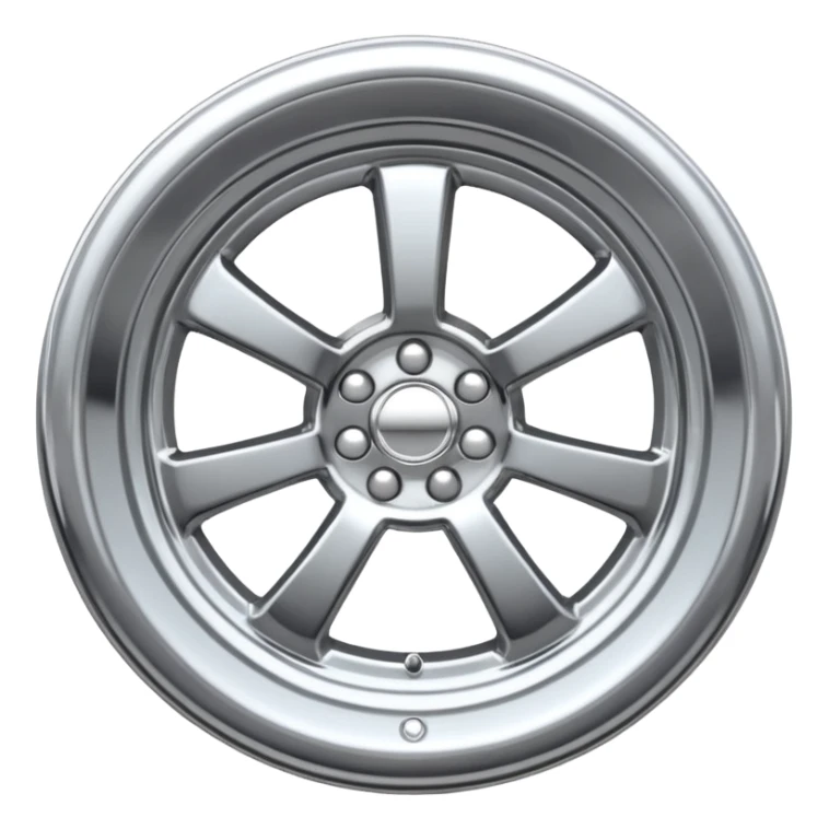 A chrome car wheel emoji, polished silver metal rim, smooth circular shape, minimal futuristic design, soft reflections, iOS emoji style, centered on white background, ultra clean look sticker