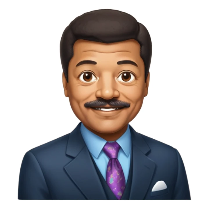 Neil deGrasse Tyson, astrophysicist with a mustache, wearing a suit, smiling sticker