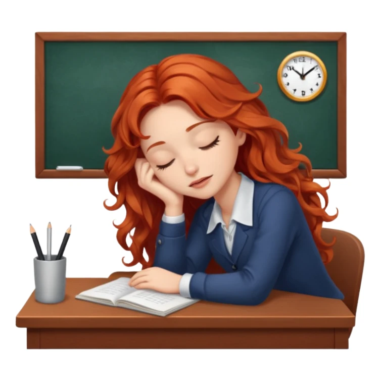 Pretty white model, brown eyes, soft long red wavy hair, falling asleep at desk sticker