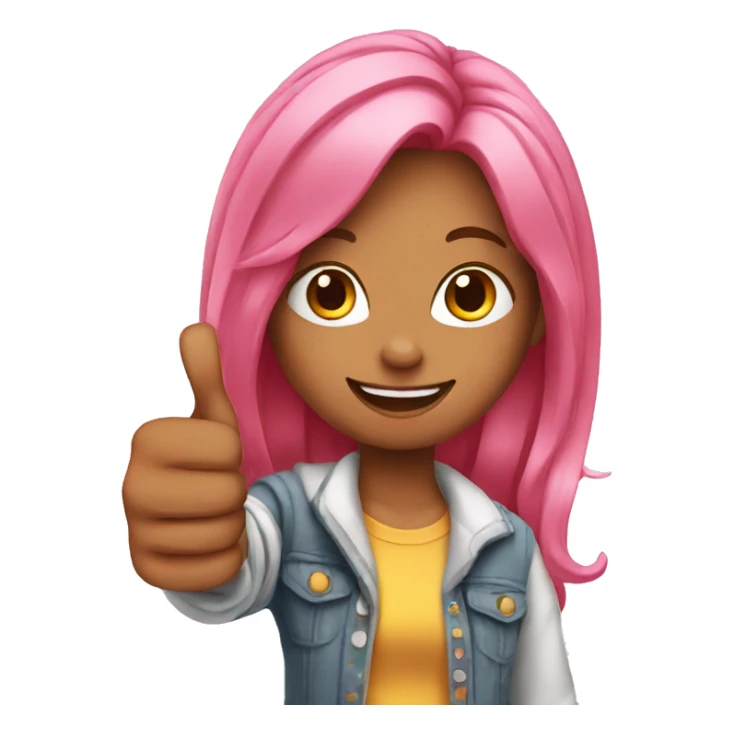 girl with long pink hair shows thumbs up sticker