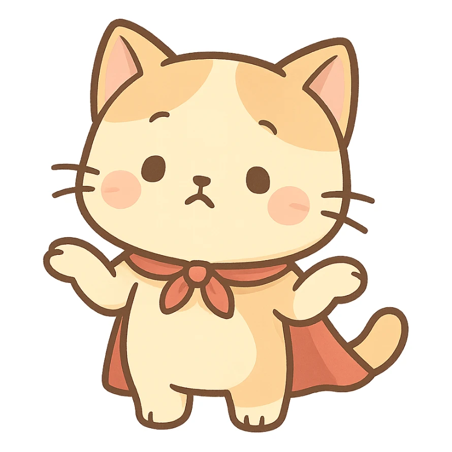 cute cat with a cape, shrugging shoulders, round face, soft colors sticker