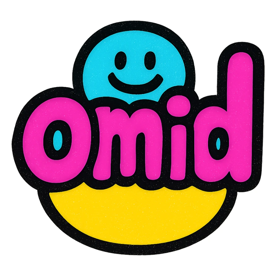 the name 'omid' as a playful icon, rounded shapes, friendly, colorful, suitable for branding sticker
