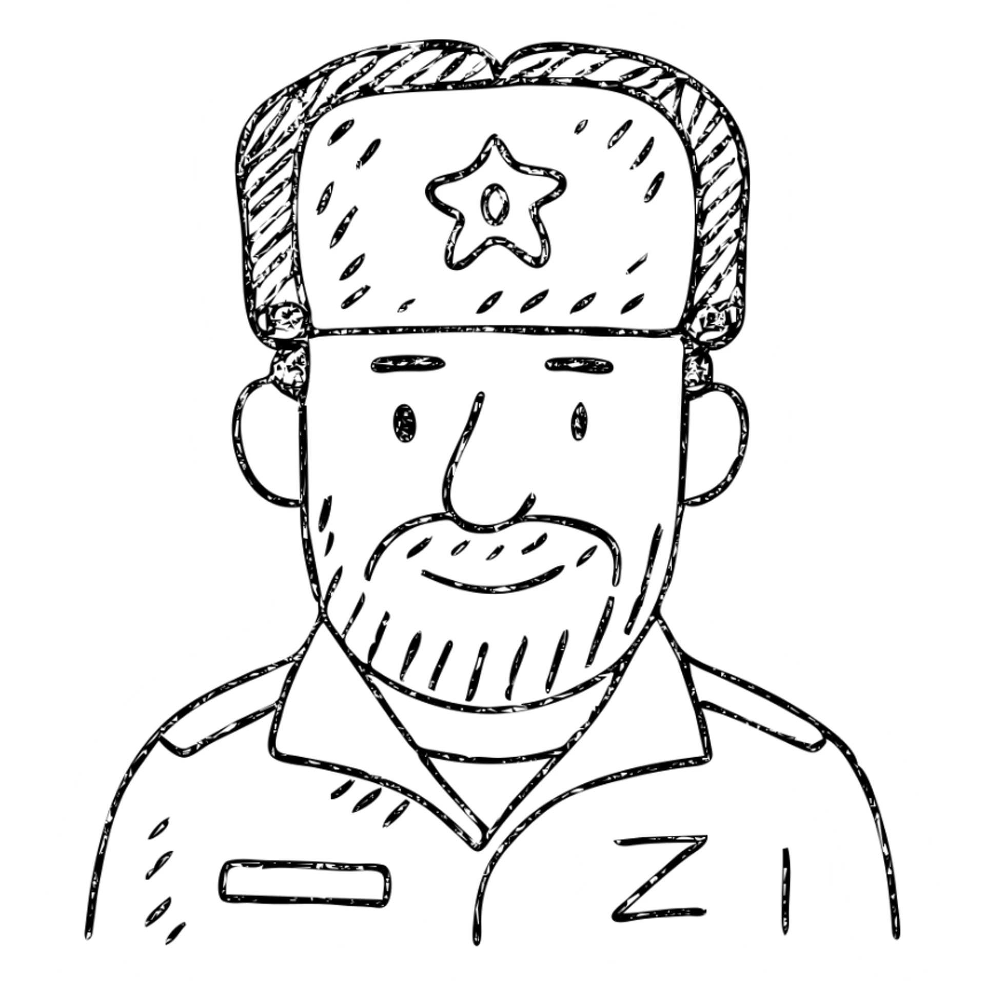 Russian army military blogger wearing an ushanka hat sticker