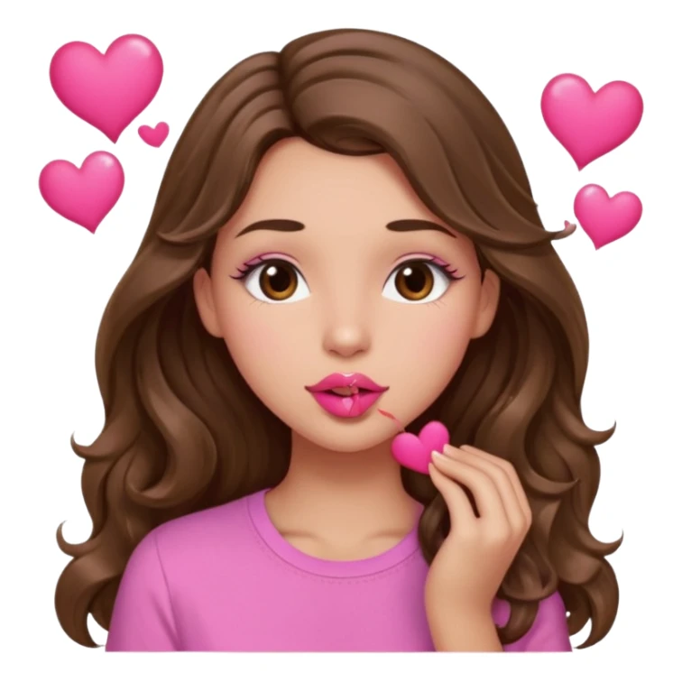 girl with long wavy brown hair, brown eyes, light to medium complexion, in a pink shirt, pink lips, long lashes, puckering up for a kiss, kiss lips and hearts sticker