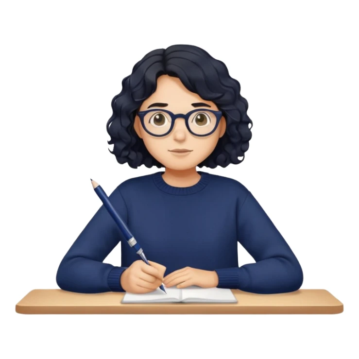 Reliable-looking designer with wavy black hair, round glasses, navy blue sweater, organized, holding pen with competent expression sticker
