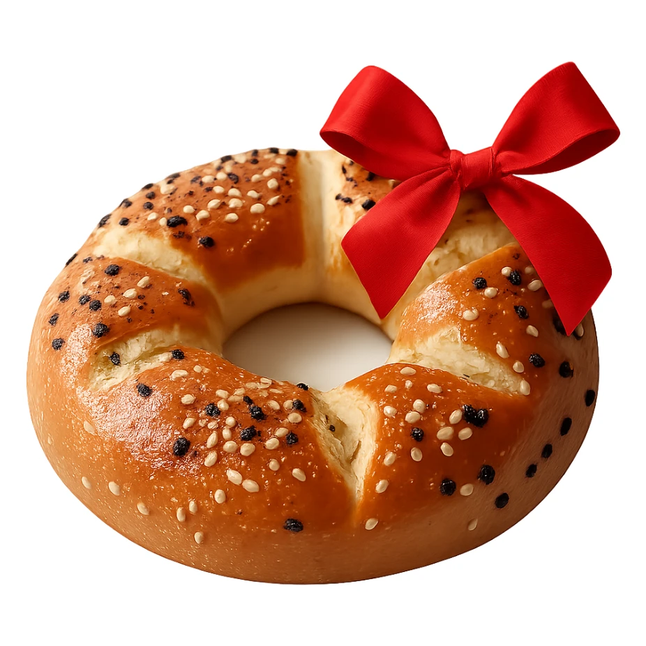 Add a red ribbon on the top right side of the simit. Remove the background so the simit with the ribbon is isolated. sticker