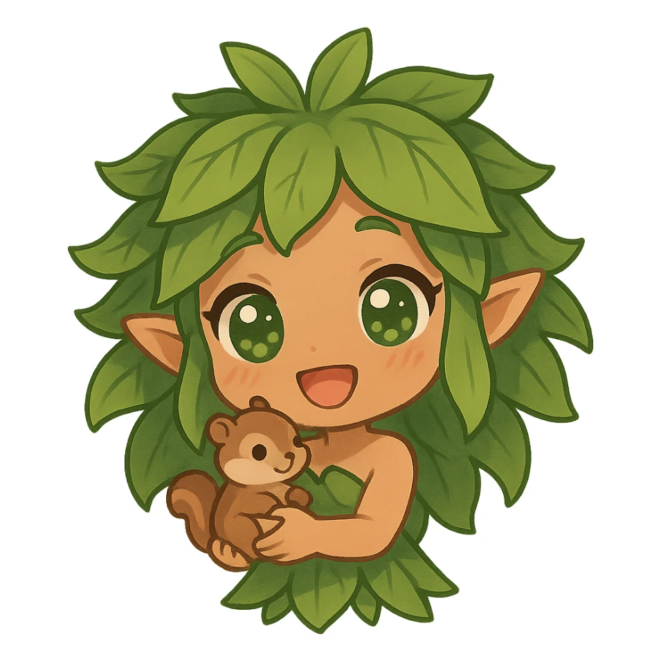 chibi forest nymph, big sparkling eyes, leafy hair, cheerful smile, holding a tiny animal sticker