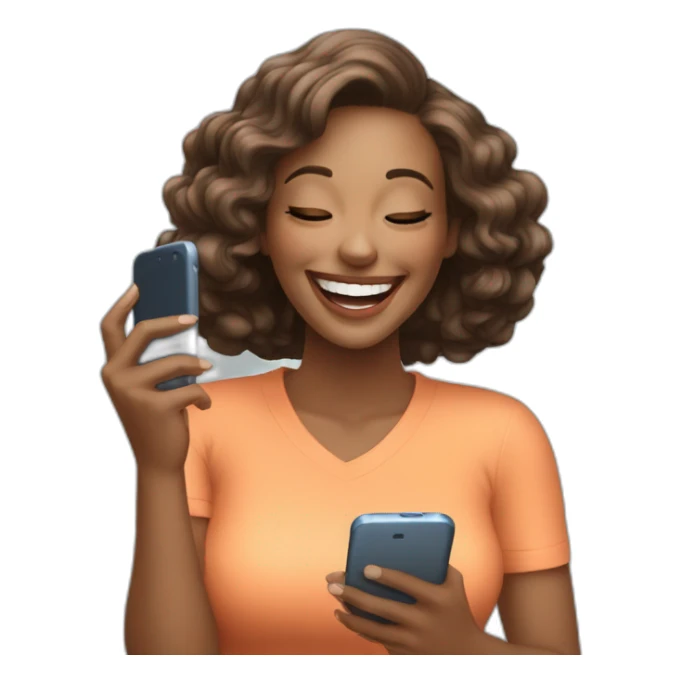 beautiful woman laughing while looking at her cell phone sticker