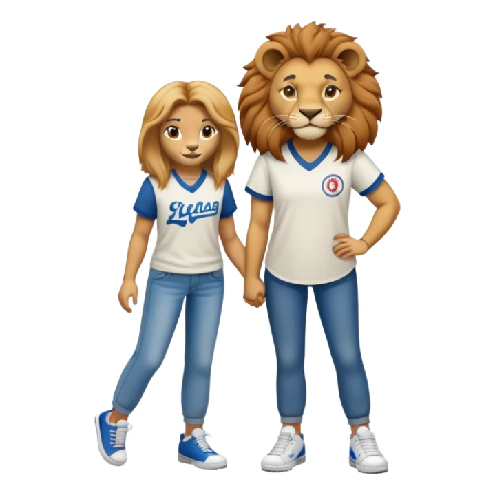 confident anthropomorphised female lion wearing a baseball shirt, jeans, and trainers, showing comfort and support to another character sticker
