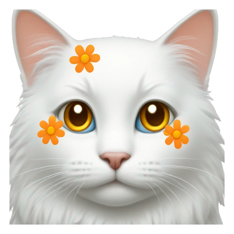 white cat with orange patches wearing a daisy sticker