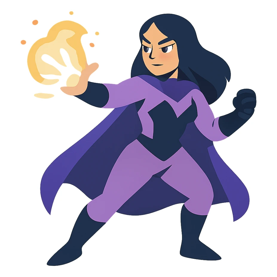woman superhero in a soft purple and black suit, casting magic from her hand sticker
