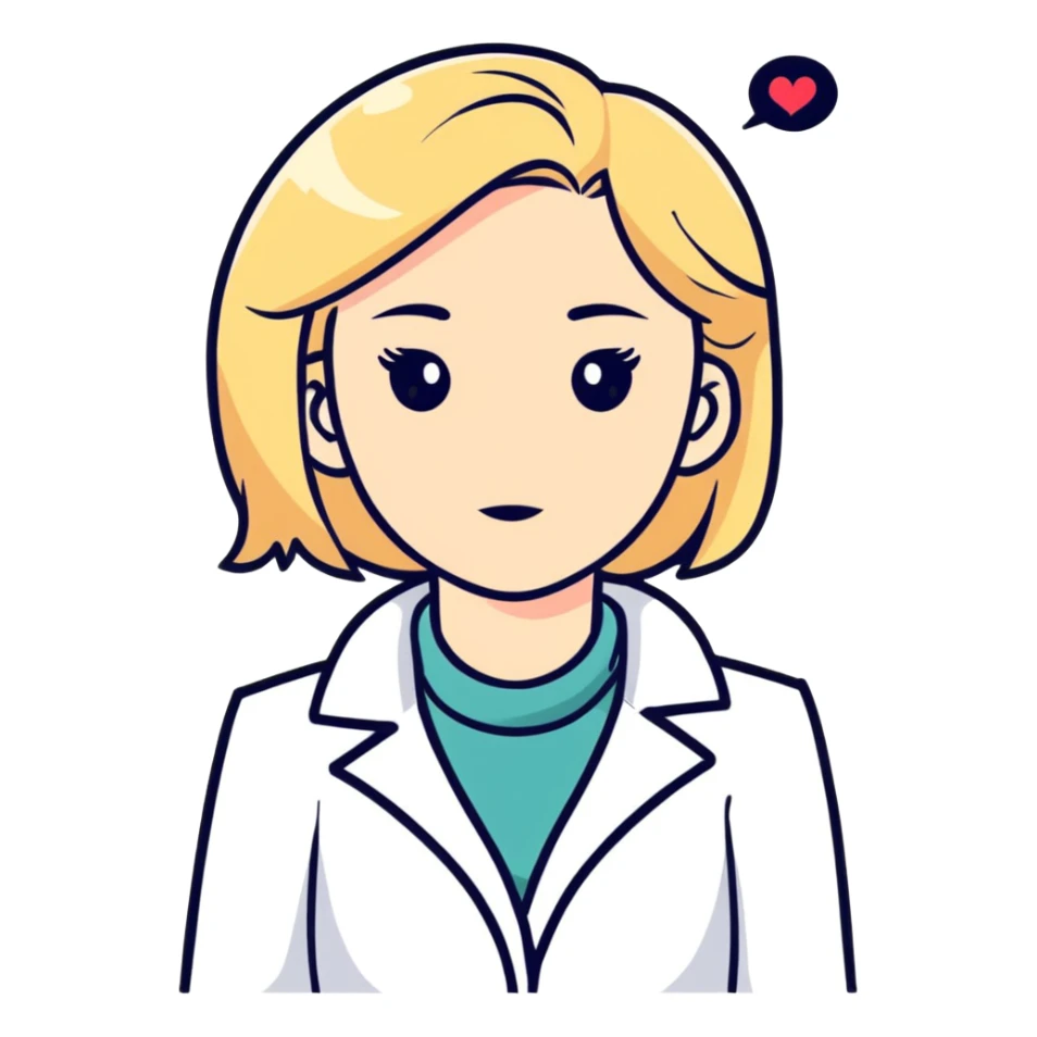 A blonde kinesiologist woman with a thinking face, wearing a white coat, considering therapy options sticker