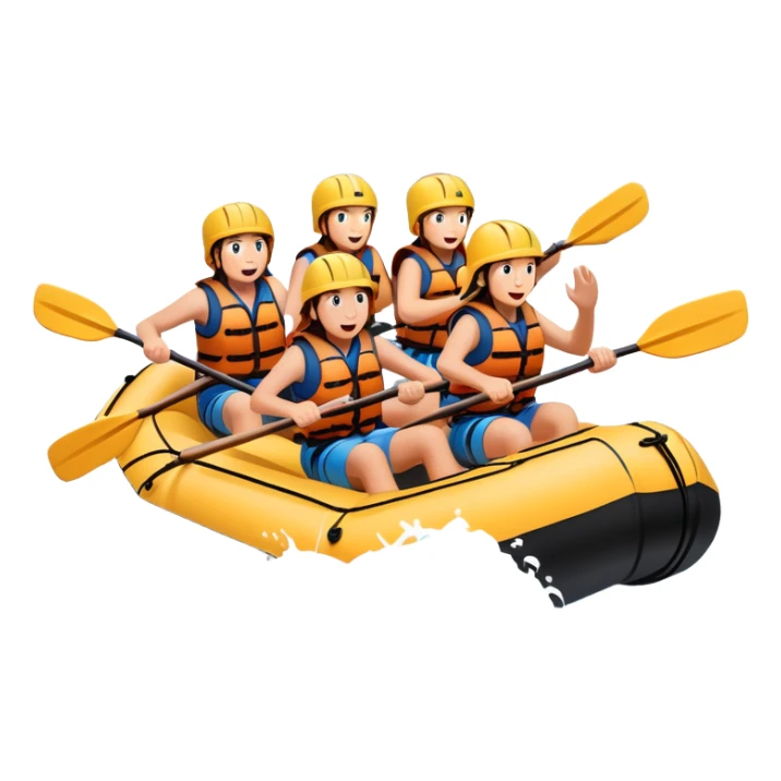 A group of adventurers paddling a raft through wild, fast-moving river rapids. The scene includes splashing water, rugged rocks, and intense action, emphasizing the excitement and teamwork of rafting in challenging conditions. sticker